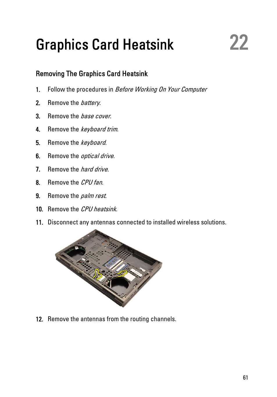 Graphics card heatsink, Removing the graphics card heatsink, 22 graphics card heatsink | Dell Precision M4600 (Early 2011) User Manual | Page 61 / 142