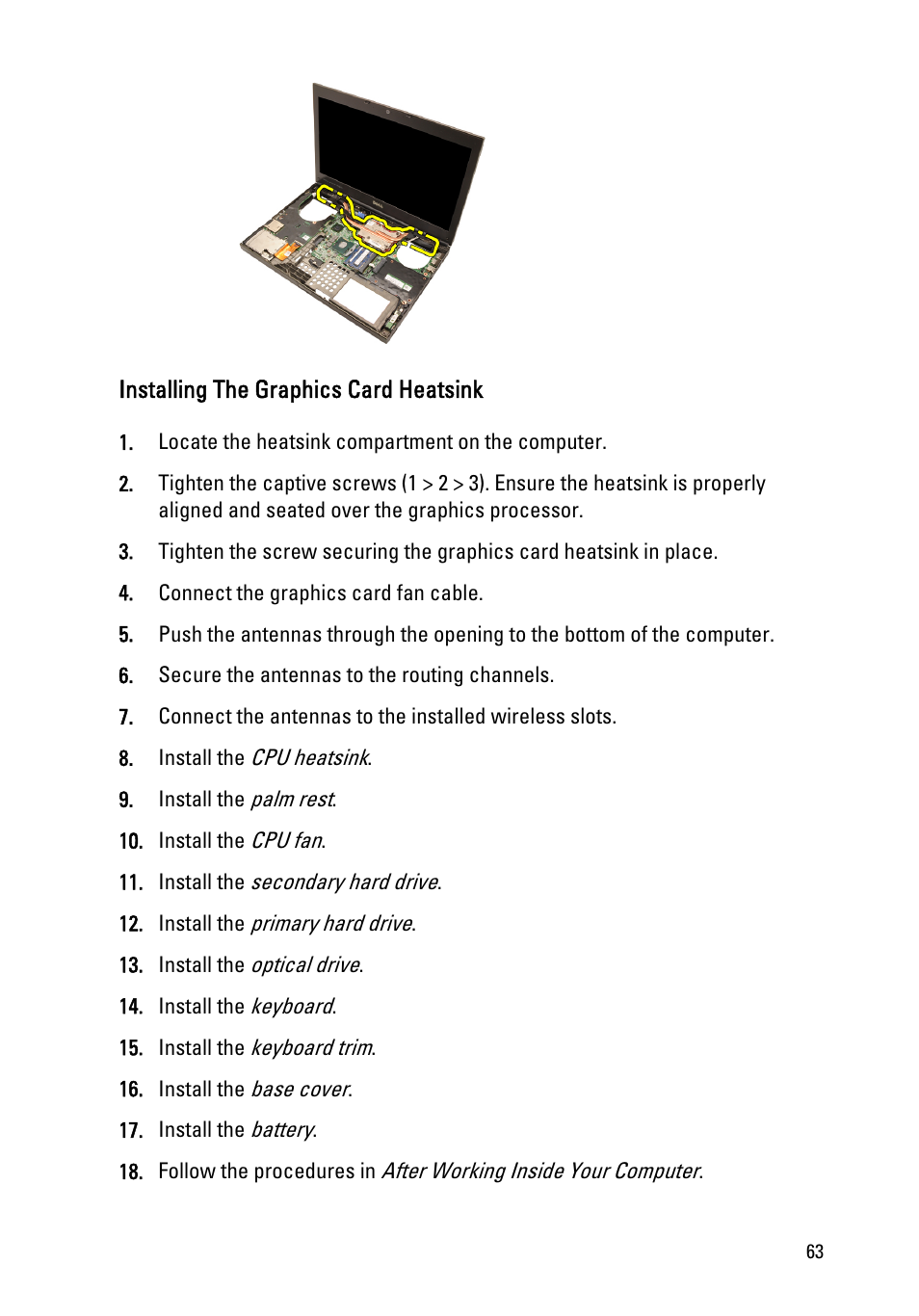 Installing the graphics card heatsink | Dell Precision M4600 (Early 2011) User Manual | Page 63 / 142