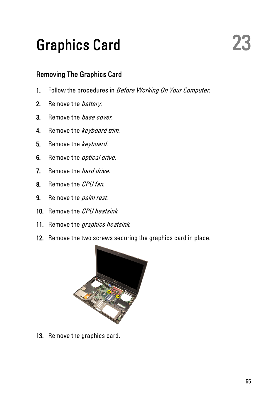 Graphics card, Removing the graphics card, 23 graphics card | Dell Precision M4600 (Early 2011) User Manual | Page 65 / 142