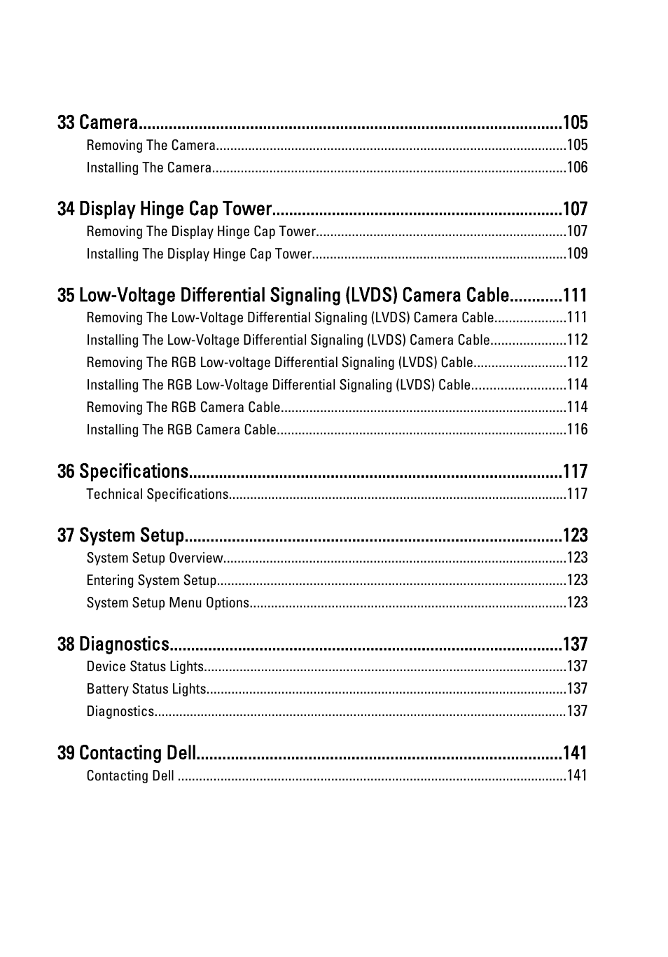33 camera, 34 display hinge cap tower, 36 specifications | 37 system setup, 38 diagnostics, 39 contacting dell | Dell Precision M4600 (Early 2011) User Manual | Page 7 / 142