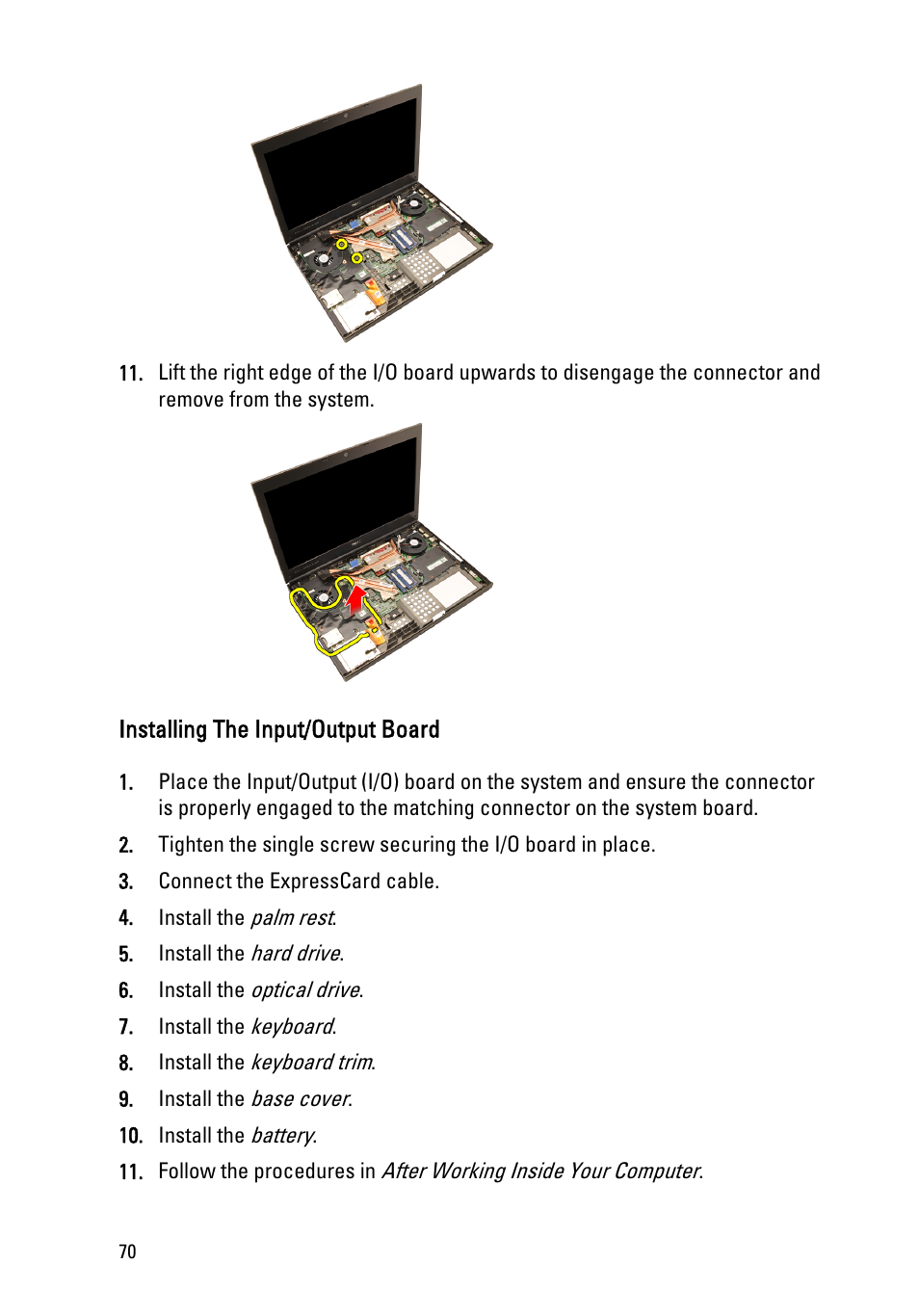 Installing the input/output board | Dell Precision M4600 (Early 2011) User Manual | Page 70 / 142