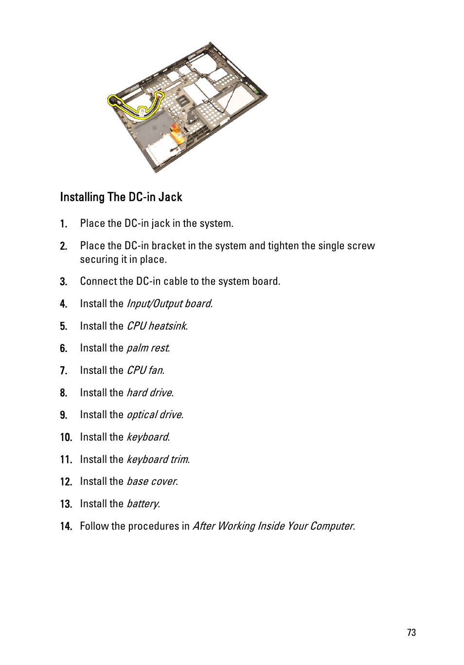 Installing the dc-in jack | Dell Precision M4600 (Early 2011) User Manual | Page 73 / 142