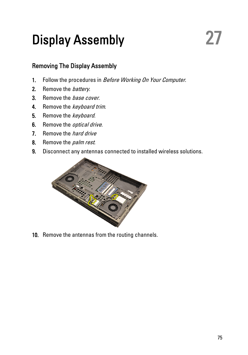 Display assembly, Removing the display assembly, 27 display assembly | Remove the | Dell Precision M4600 (Early 2011) User Manual | Page 75 / 142