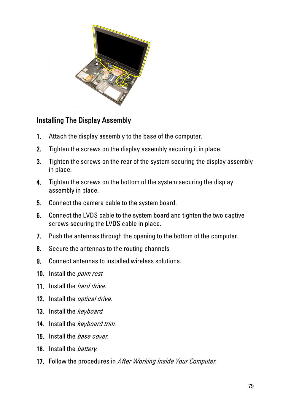 Installing the display assembly | Dell Precision M4600 (Early 2011) User Manual | Page 79 / 142