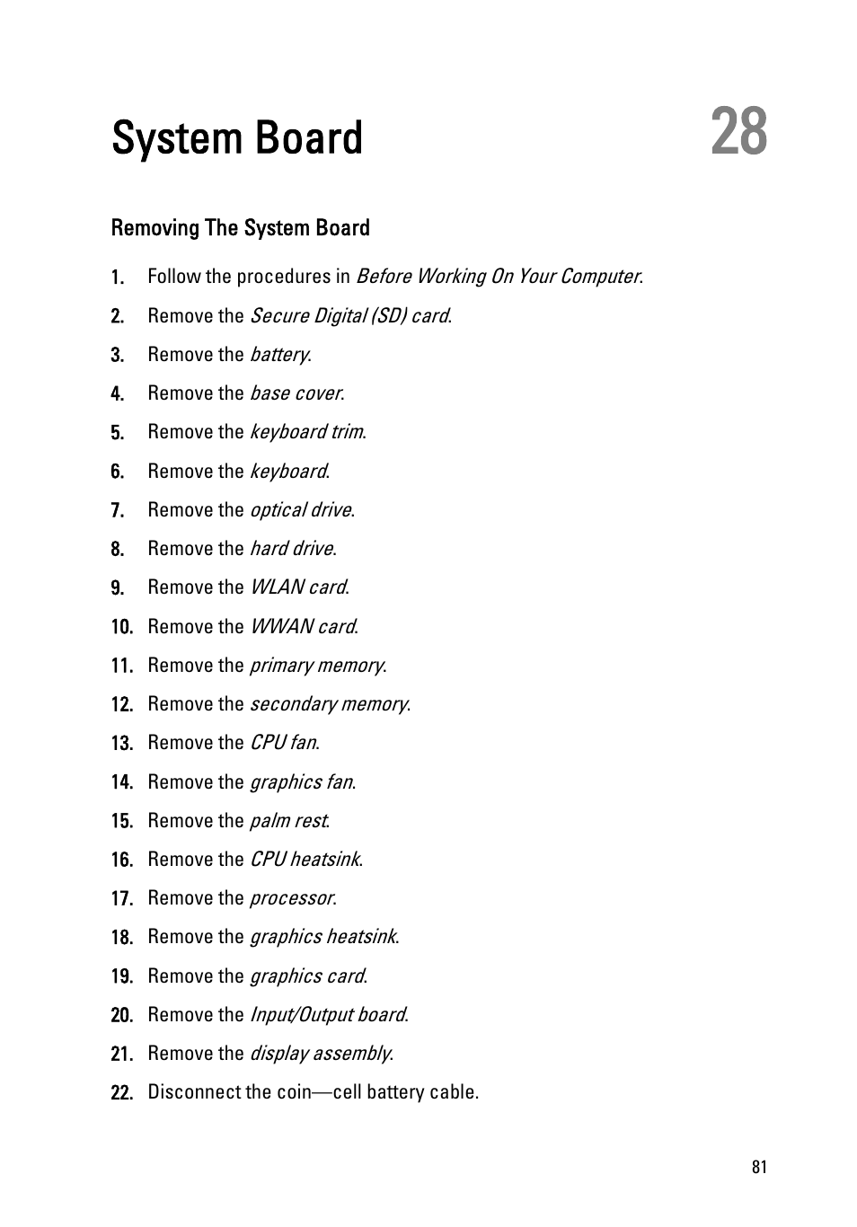 System board, Removing the system board, 28 system board | Remove the | Dell Precision M4600 (Early 2011) User Manual | Page 81 / 142