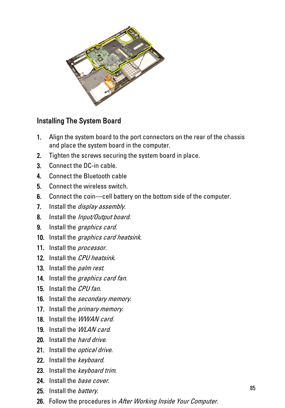 Installing the system board | Dell Precision M4600 (Early 2011) User Manual | Page 85 / 142
