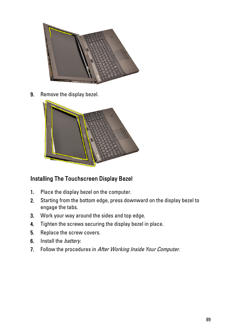 Installing the touchscreen display bezel | Dell Precision M4600 (Early 2011) User Manual | Page 89 / 142