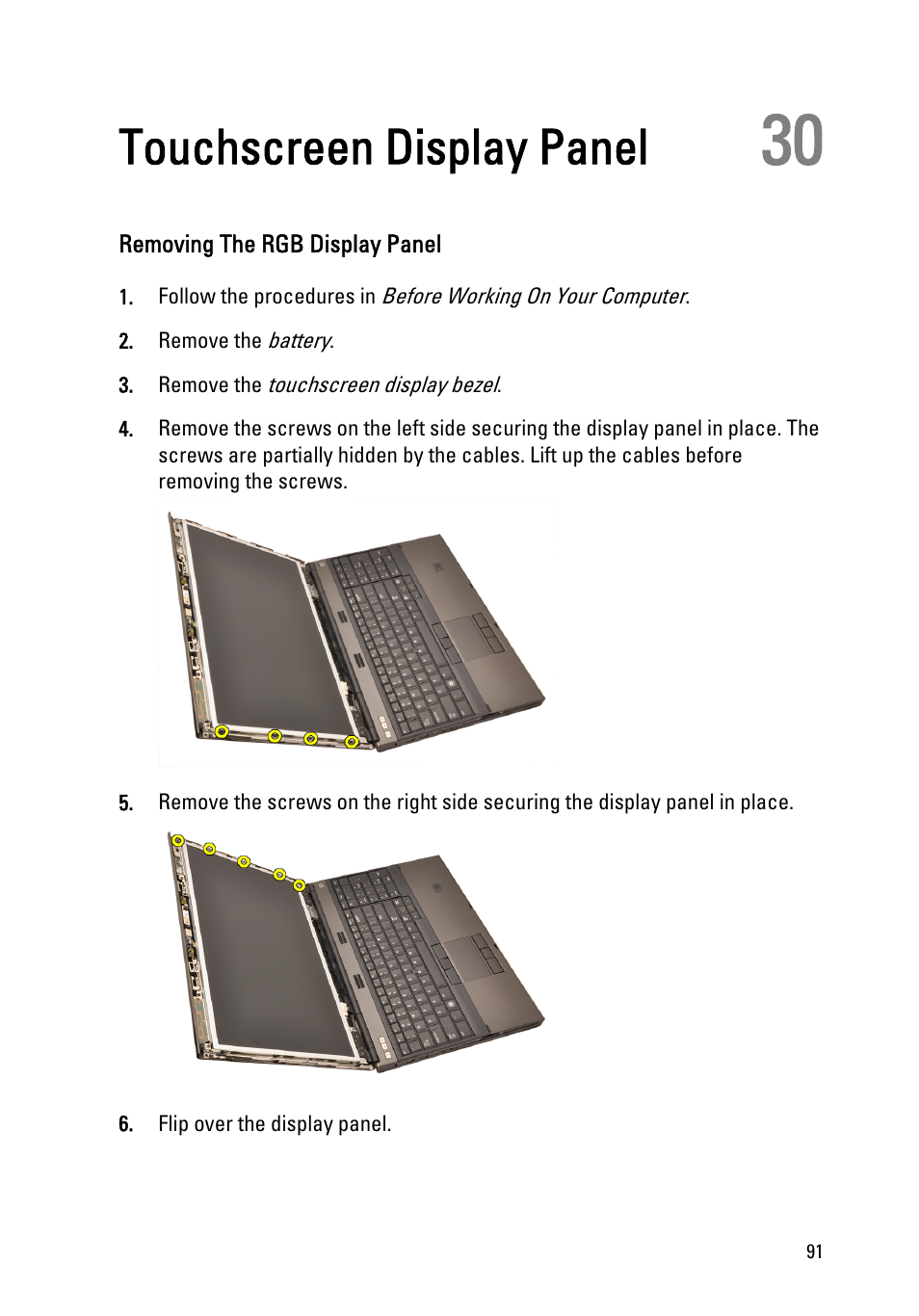 Touchscreen display panel, Removing the rgb display panel, 30 touchscreen display panel | Dell Precision M4600 (Early 2011) User Manual | Page 91 / 142