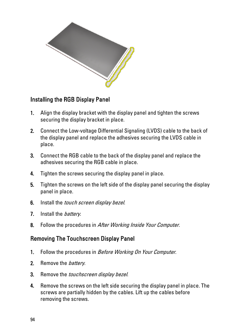 Installing the rgb display panel, Removing the touchscreen display panel | Dell Precision M4600 (Early 2011) User Manual | Page 94 / 142
