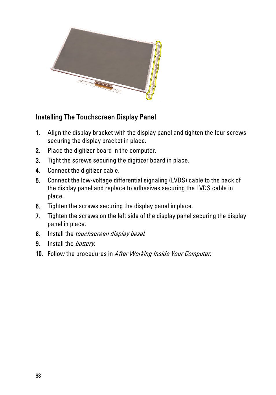 Installing the touchscreen display panel | Dell Precision M4600 (Early 2011) User Manual | Page 98 / 142