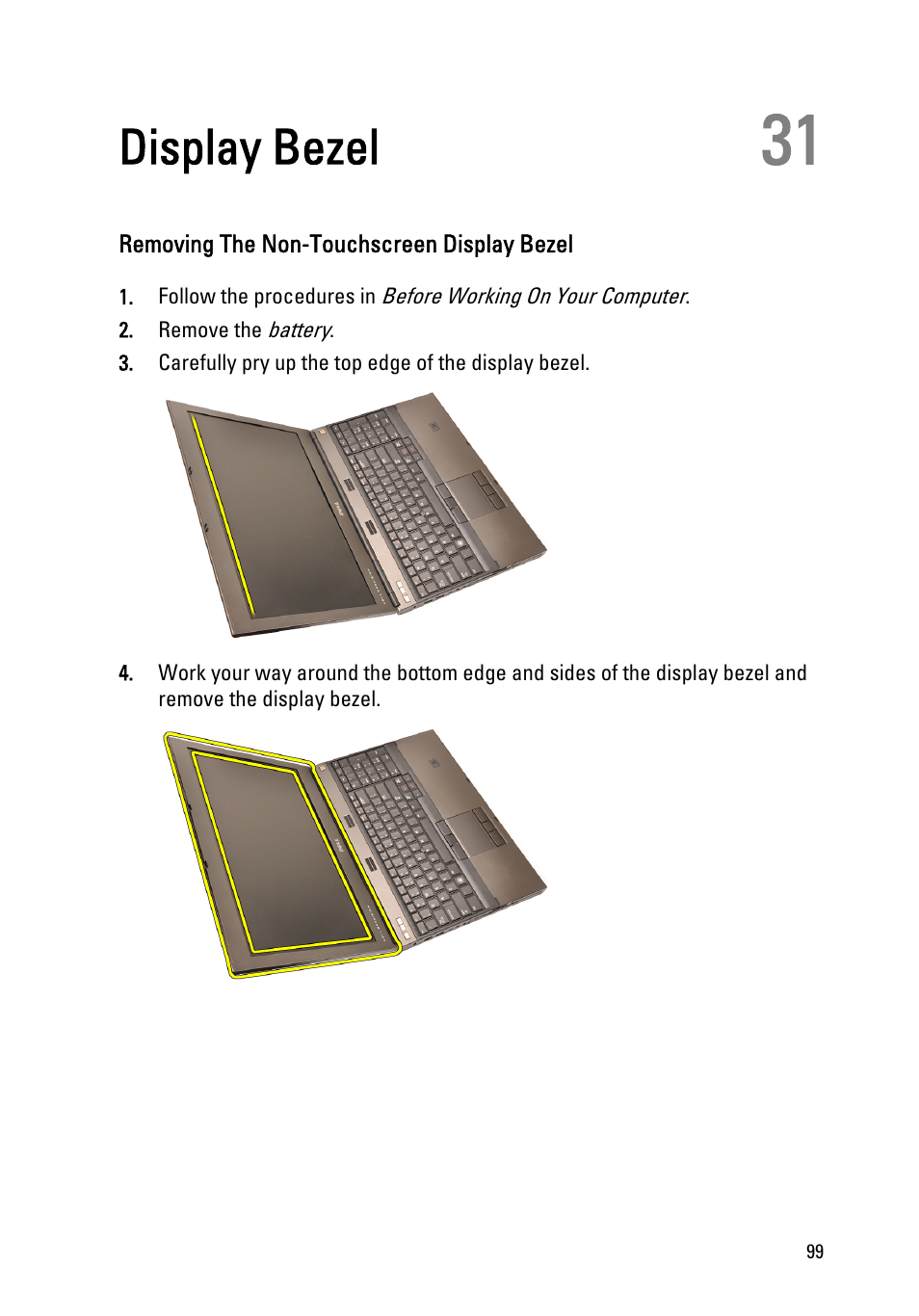 Display bezel, Removing the non-touchscreen display bezel, 31 display bezel | Dell Precision M4600 (Early 2011) User Manual | Page 99 / 142