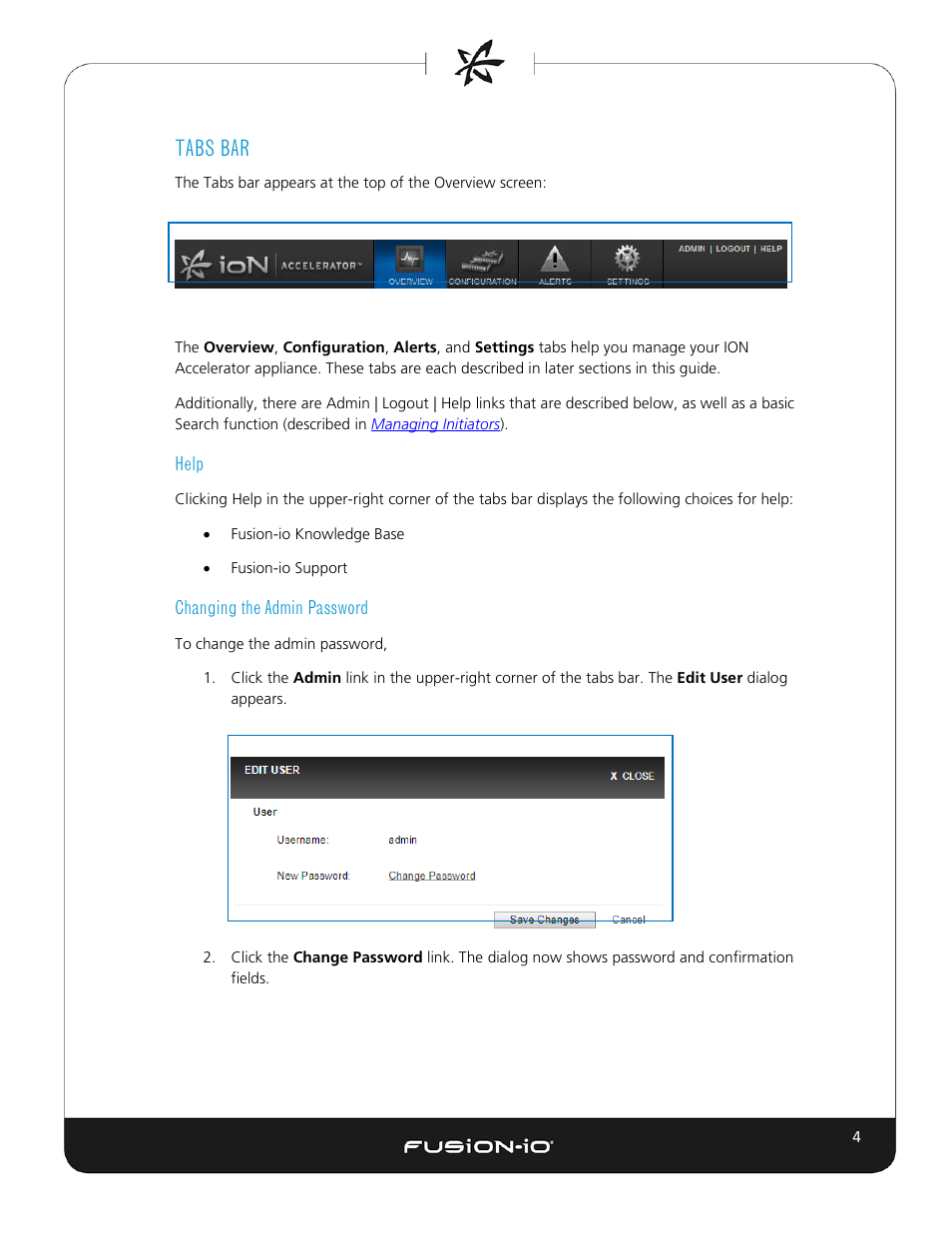 Help, Changing the admin password, Tabs bar | Dell Acceleration Appliances for Databases User Manual | Page 10 / 102