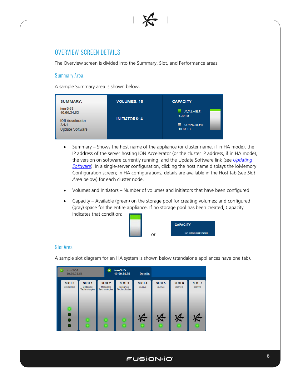 Overview screen details, Summary area, Slot area | Dell Acceleration Appliances for Databases User Manual | Page 12 / 102