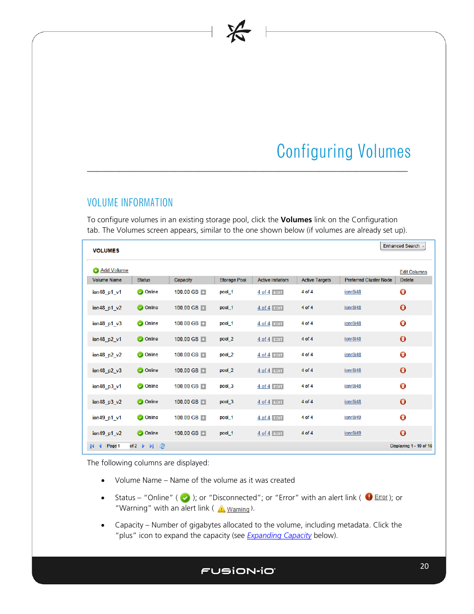 Configuring volumes, Volume information | Dell Acceleration Appliances for Databases User Manual | Page 26 / 102
