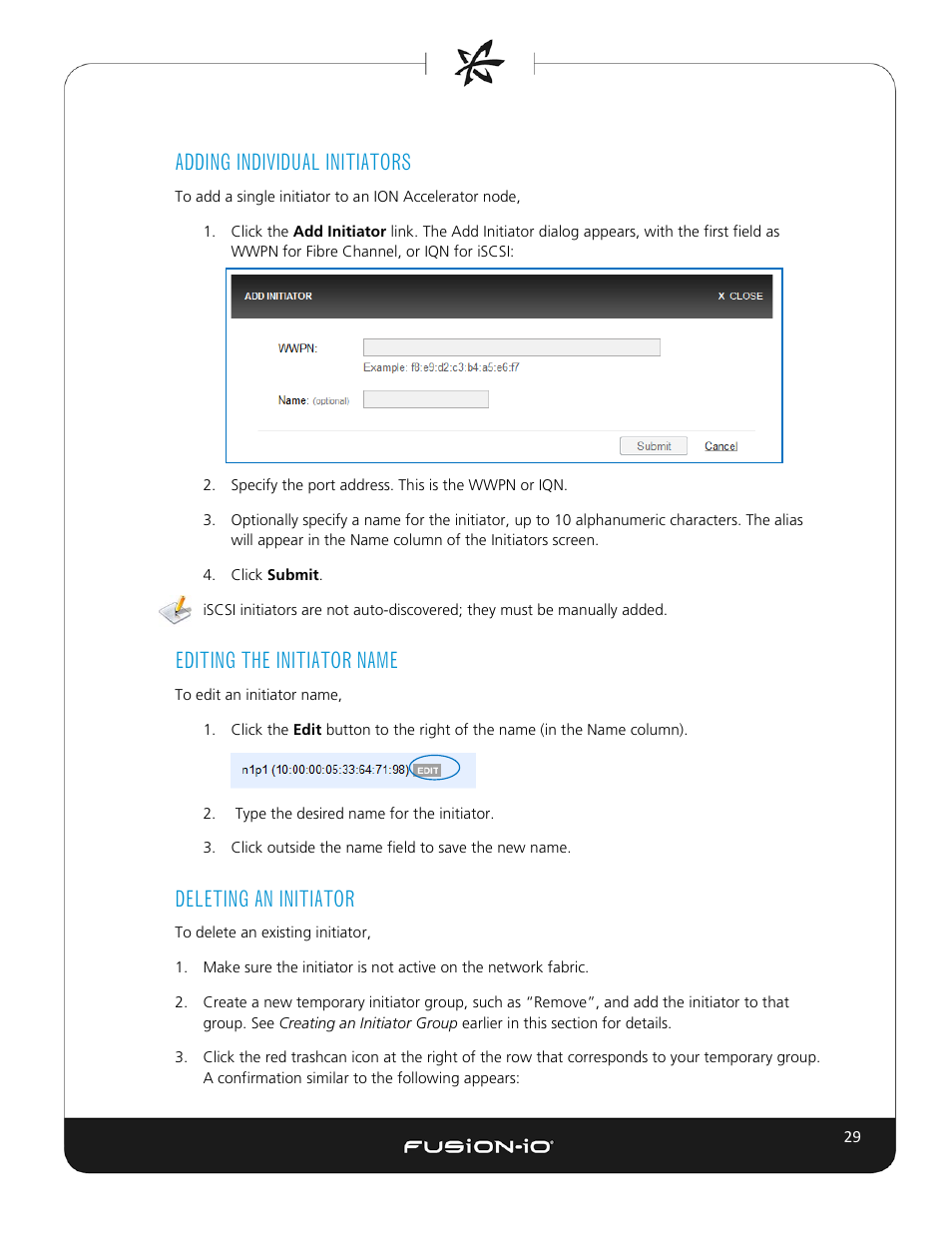 Adding individual initiators, Editing the initiator name, Deleting an initiator | Dell Acceleration Appliances for Databases User Manual | Page 35 / 102