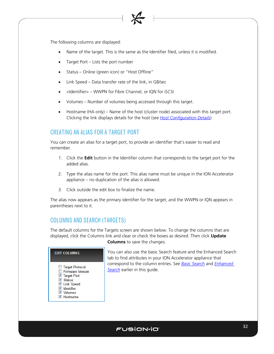 Creating an alias for a target port, Columns and search (targets) | Dell Acceleration Appliances for Databases User Manual | Page 38 / 102