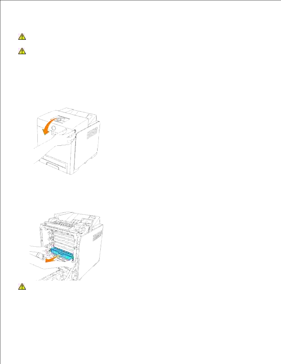 Removing the used print cartridge, Installing a new print cartridge | Dell 3110cn Color Laser Printer User Manual | Page 282 / 451