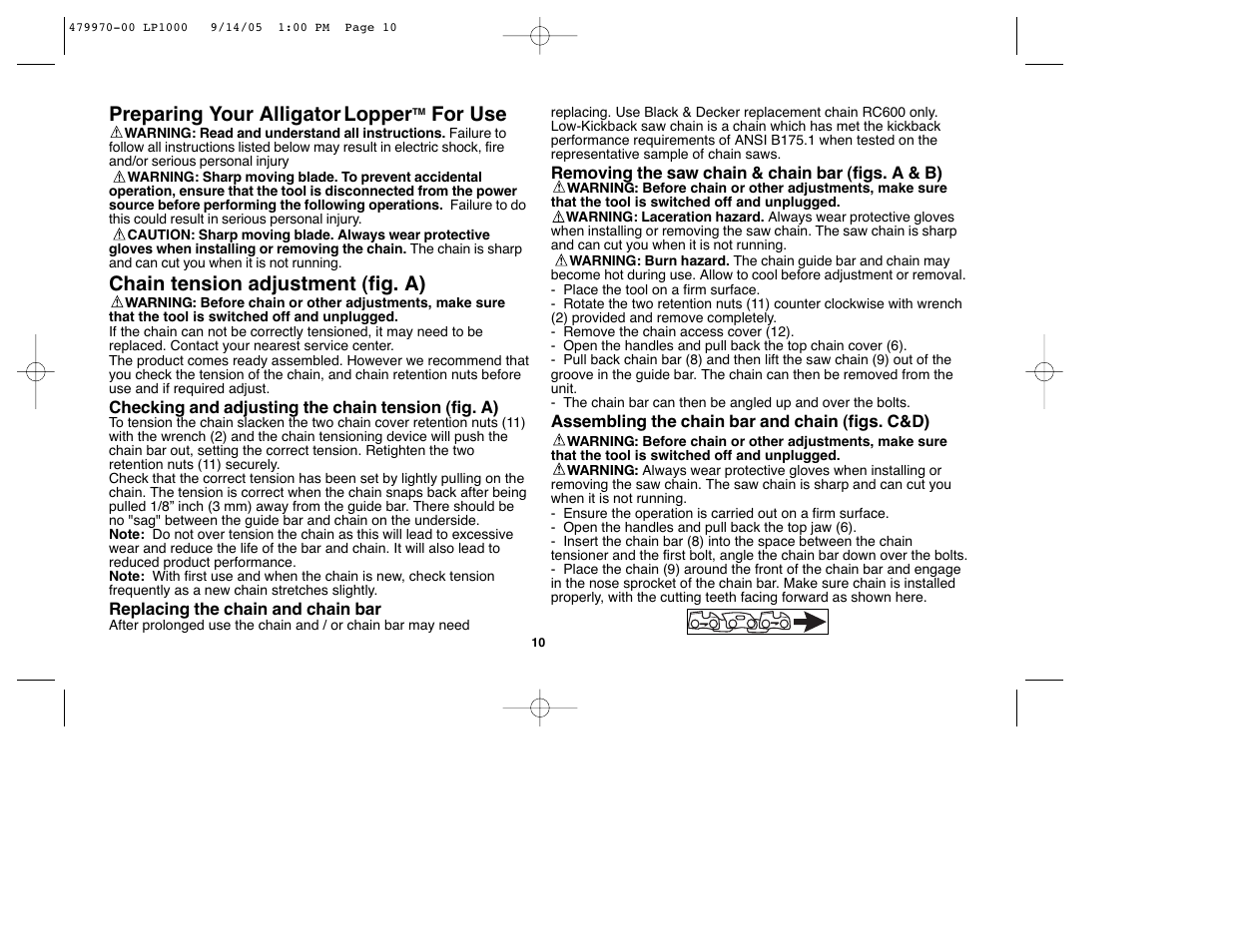 Preparing your alligator lopper, For use, Chain tension adjustment (fig. a) | Black & Decker Alligator 479970-00 User Manual | Page 10 / 40