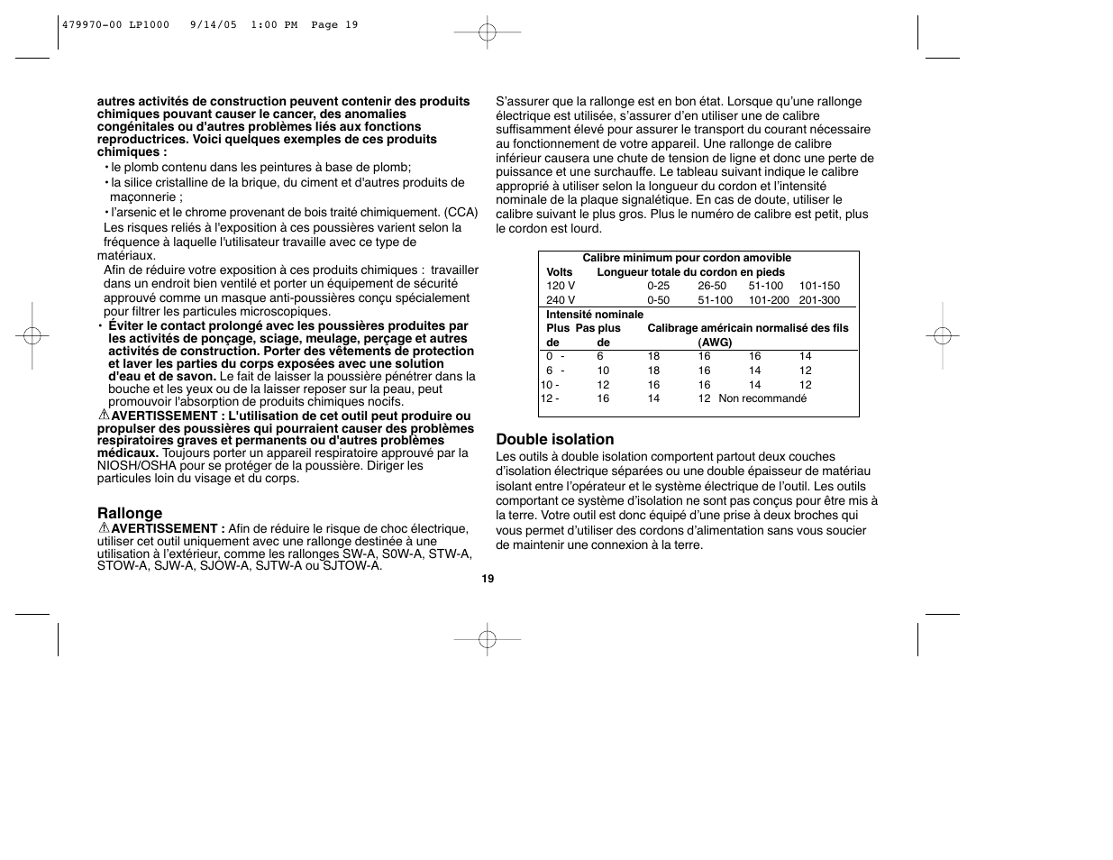 Rallonge, Double isolation | Black & Decker Alligator 479970-00 User Manual | Page 19 / 40