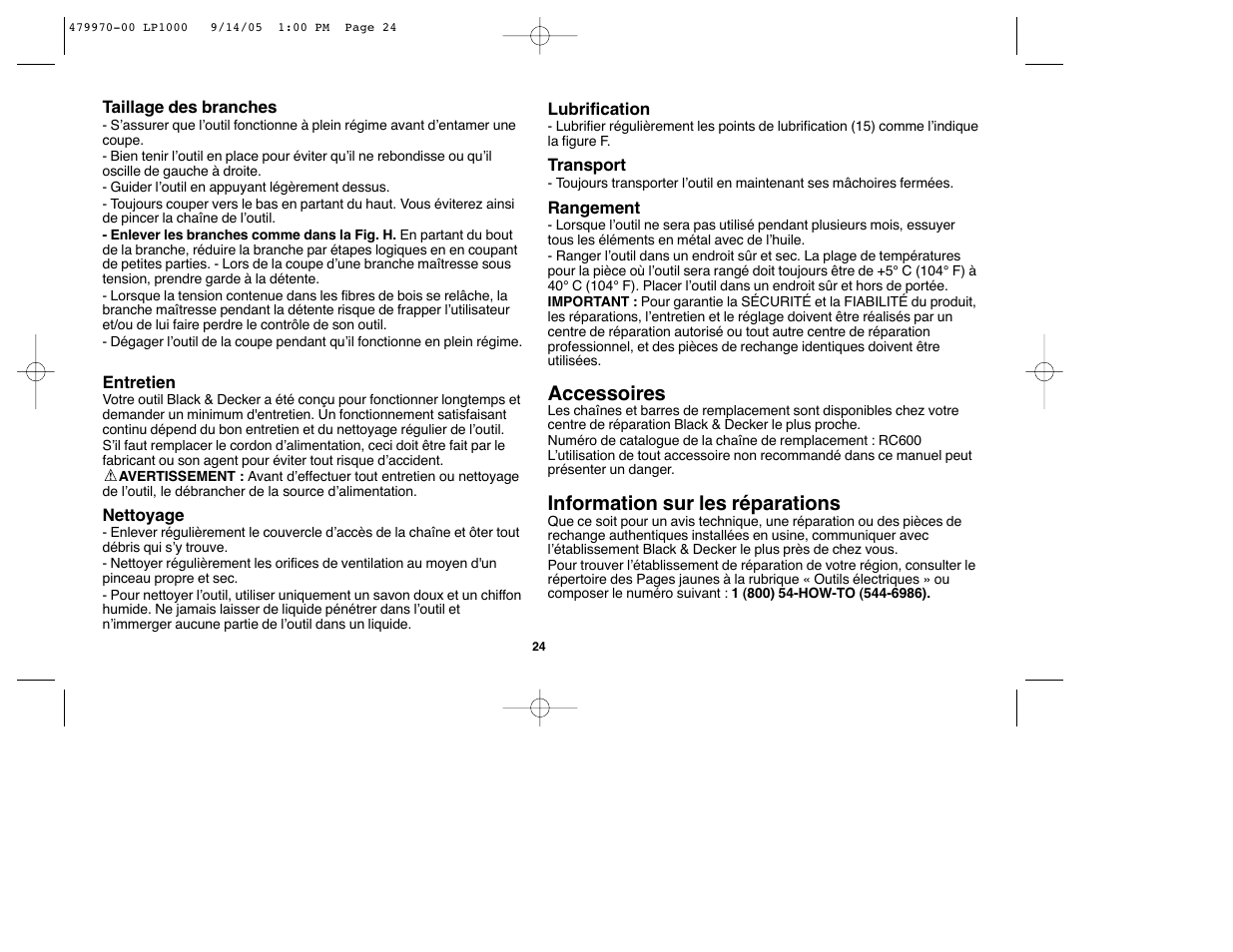 Accessoires, Information sur les réparations | Black & Decker Alligator 479970-00 User Manual | Page 24 / 40