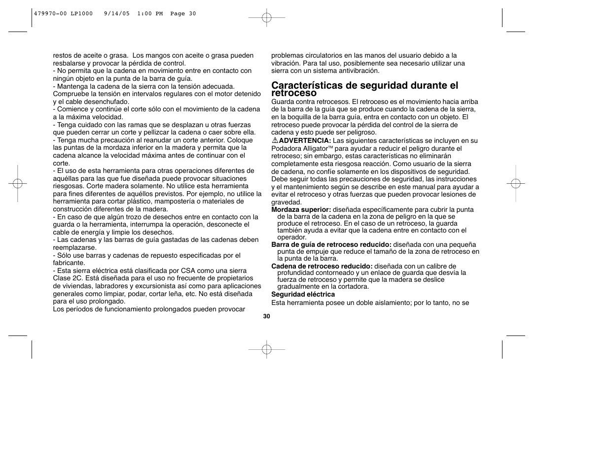 Características de seguridad durante el retroceso | Black & Decker Alligator 479970-00 User Manual | Page 30 / 40