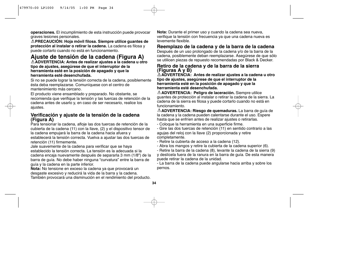 Ajuste de tensión de la cadena (figura a) | Black & Decker Alligator 479970-00 User Manual | Page 34 / 40