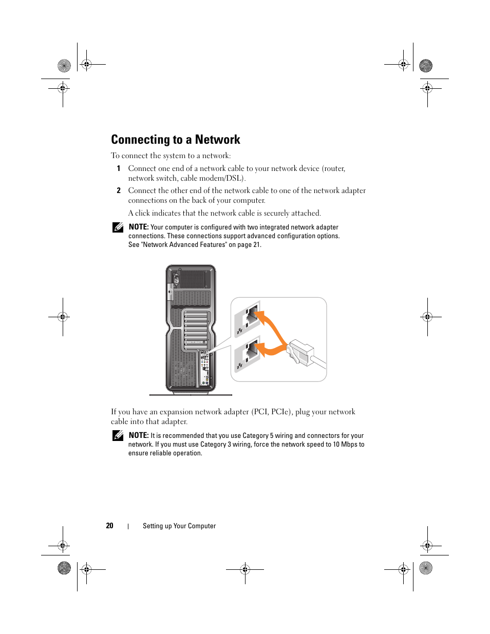 Connecting to a network | Dell XPS 730x H2C (Early 2009) User Manual | Page 20 / 76