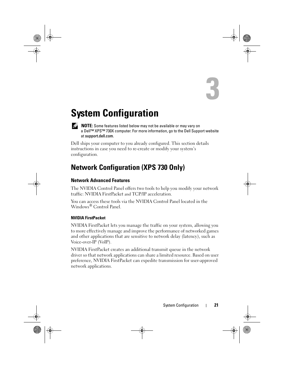System configuration, Network configuration (xps 730 only), Network advanced features | Dell XPS 730x H2C (Early 2009) User Manual | Page 21 / 76