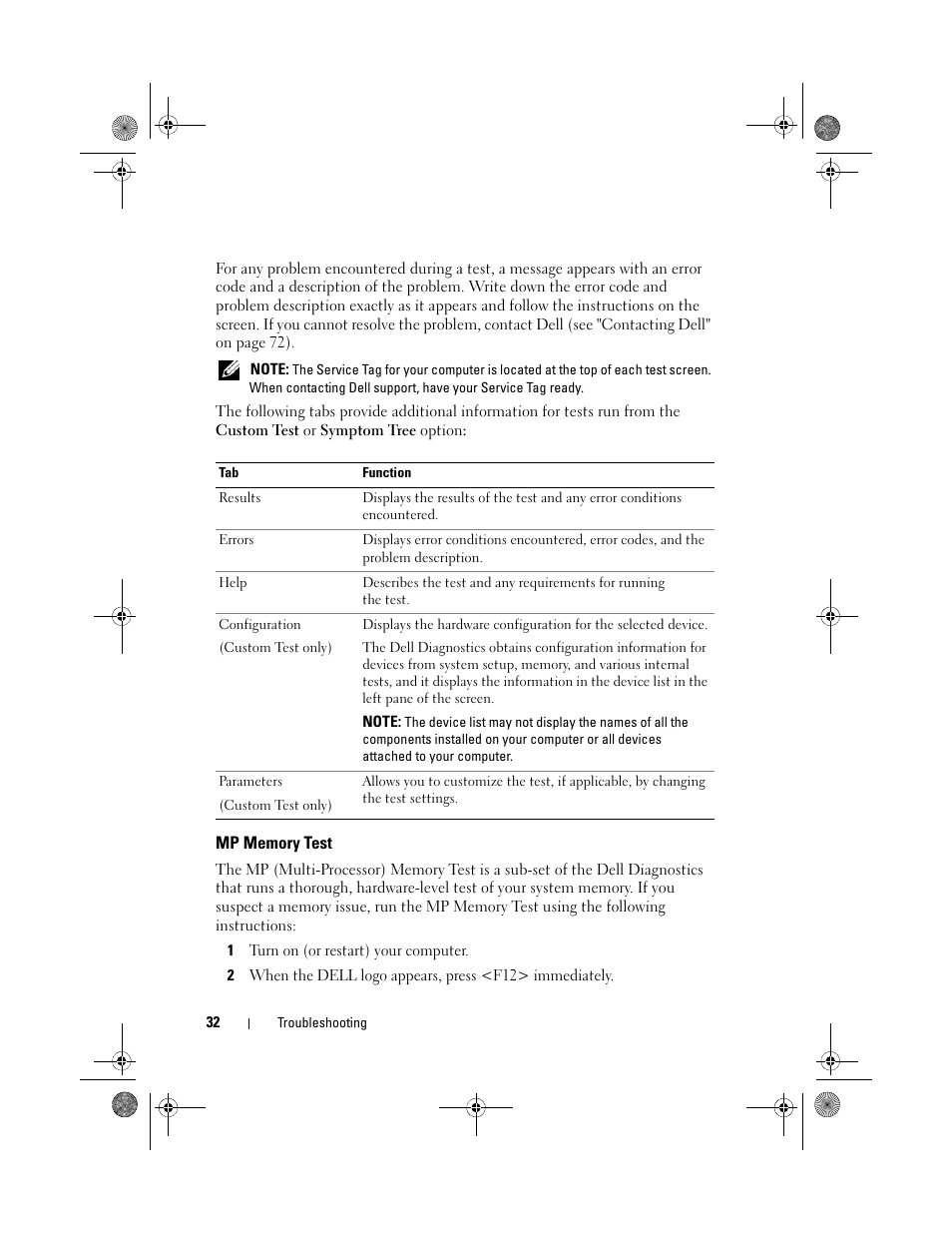 Mp memory test | Dell XPS 730x H2C (Early 2009) User Manual | Page 32 / 76
