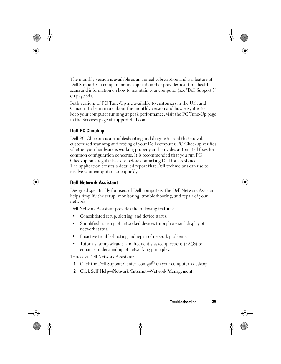 Dell pc checkup, Dell network assistant | Dell XPS 730x H2C (Early 2009) User Manual | Page 35 / 76
