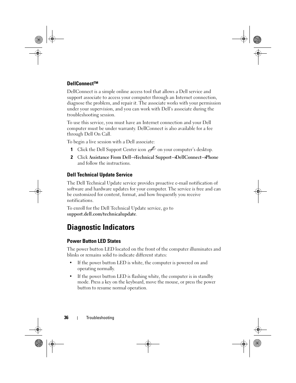 Dellconnect, Dell technical update service, Diagnostic indicators | Power button led states | Dell XPS 730x H2C (Early 2009) User Manual | Page 36 / 76