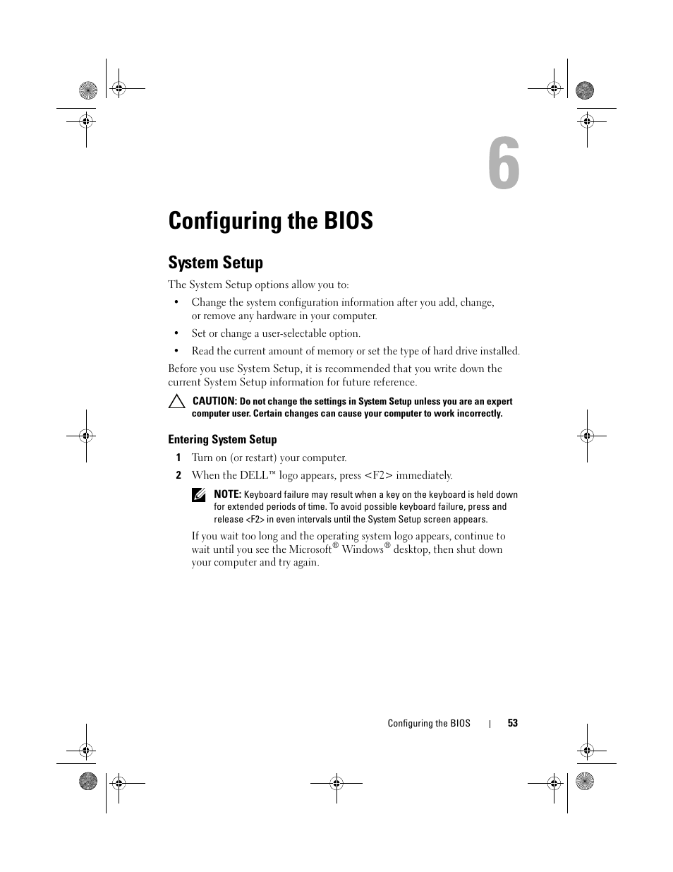Configuring the bios, System setup, Entering system setup | Dell XPS 730x H2C (Early 2009) User Manual | Page 53 / 76