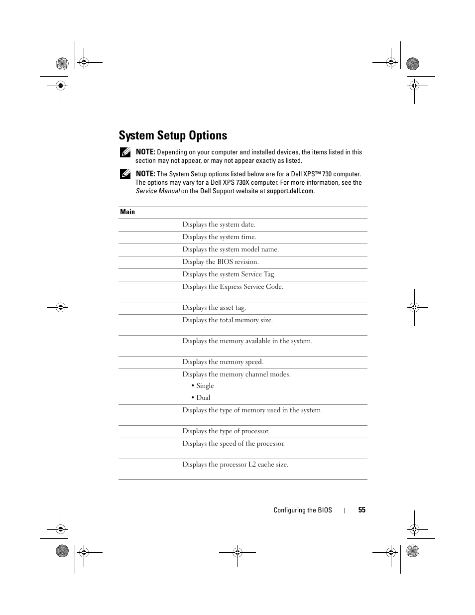 System setup options | Dell XPS 730x H2C (Early 2009) User Manual | Page 55 / 76