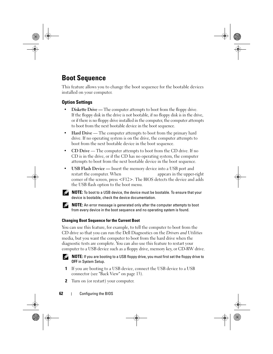 Boot sequence, Option settings | Dell XPS 730x H2C (Early 2009) User Manual | Page 62 / 76