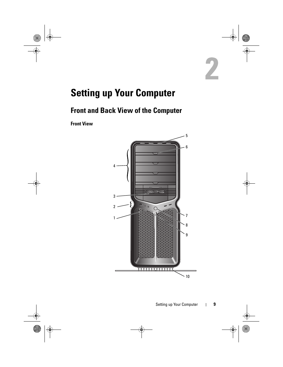 Setting up your computer, Front and back view of the computer, Front view | Dell XPS 730x H2C (Early 2009) User Manual | Page 9 / 76