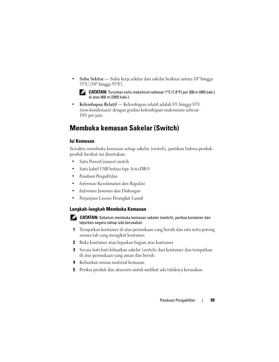 Membuka kemasan sakelar (switch), Isi kemasan, Langkah-langkah membuka kemasan | Dell POWEREDGE M1000E User Manual | Page 101 / 222