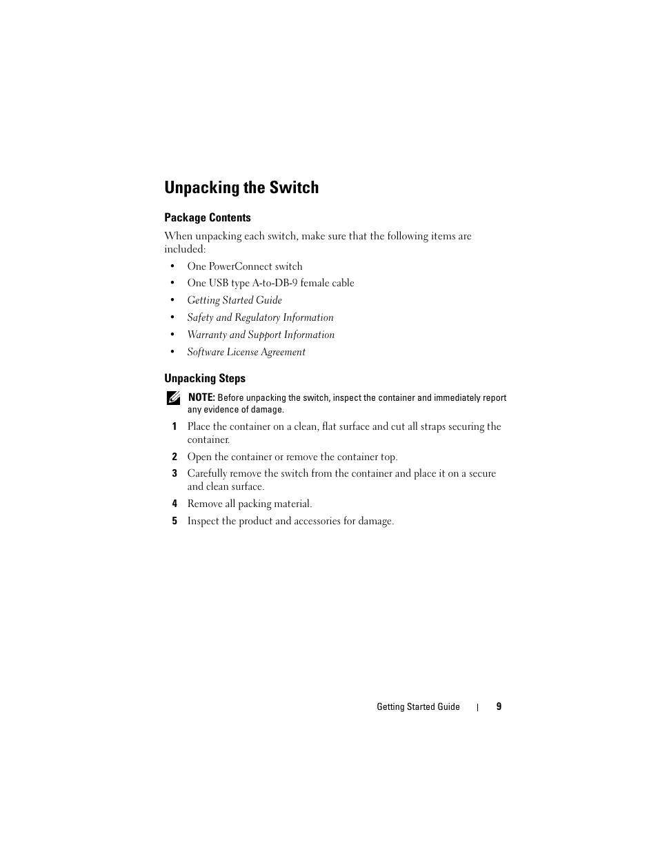 Unpacking the switch, Package contents, Unpacking steps | Dell POWEREDGE M1000E User Manual | Page 11 / 222