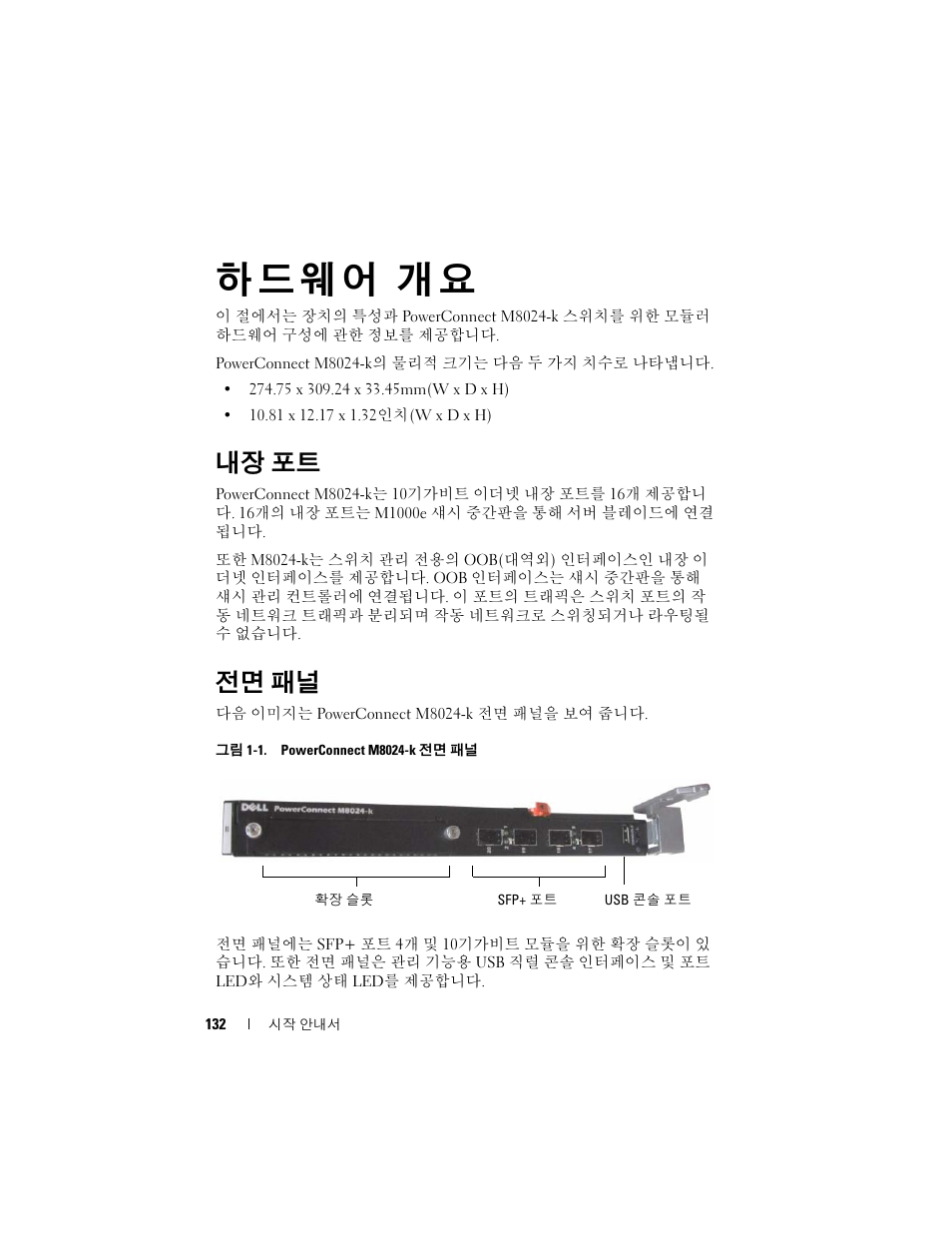 하드웨어 개요, 내장 포트, 전면 패널 | Dell POWEREDGE M1000E User Manual | Page 134 / 222