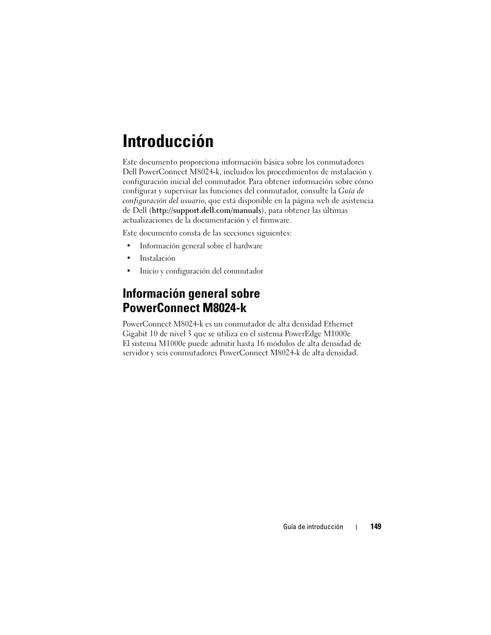 Introducción, Información general sobre powerconnect m8024-k | Dell POWEREDGE M1000E User Manual | Page 151 / 222