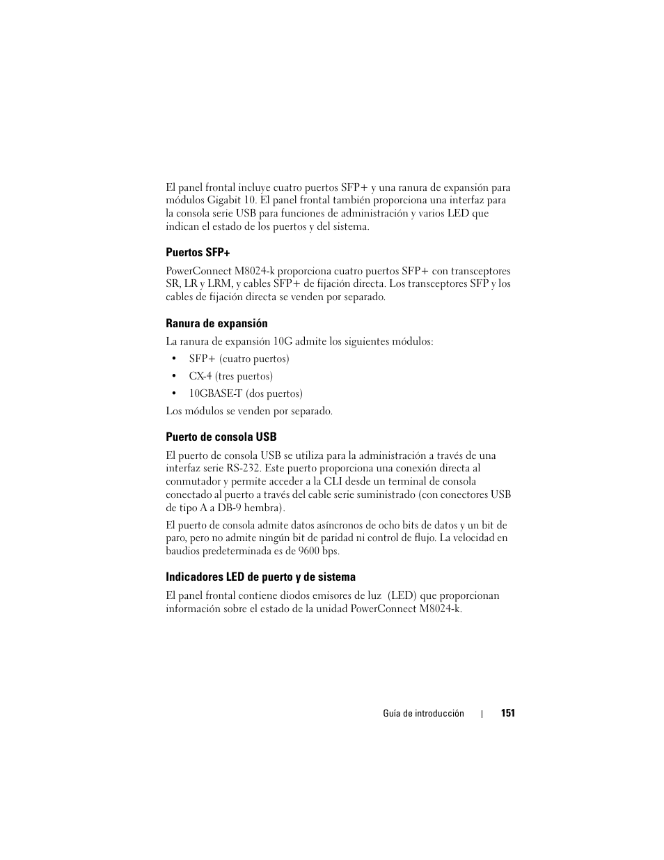 Puertos sfp, Ranura de expansión, Puerto de consola usb | Indicadores led de puerto y de sistema | Dell POWEREDGE M1000E User Manual | Page 153 / 222
