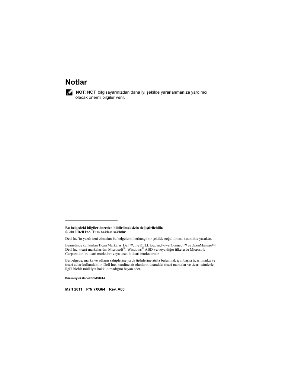 Notlar | Dell POWEREDGE M1000E User Manual | Page 166 / 222