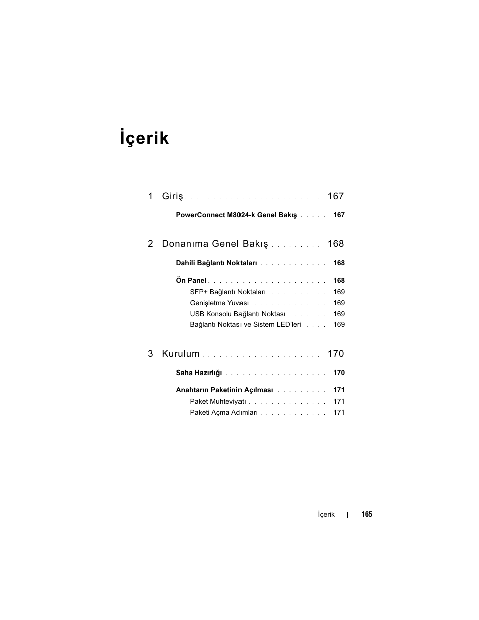 Içerik, 1 giriş, 2 donanıma genel bakış | 3 kurulum | Dell POWEREDGE M1000E User Manual | Page 167 / 222