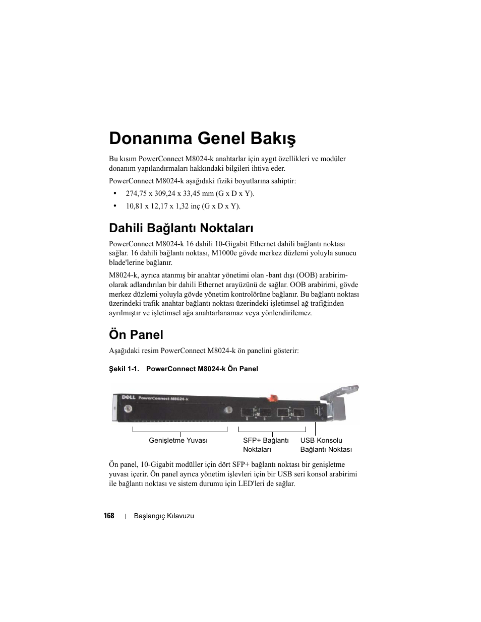 Donanıma genel bakış, Dahili bağlantı noktaları, Ön panel | Dell POWEREDGE M1000E User Manual | Page 170 / 222