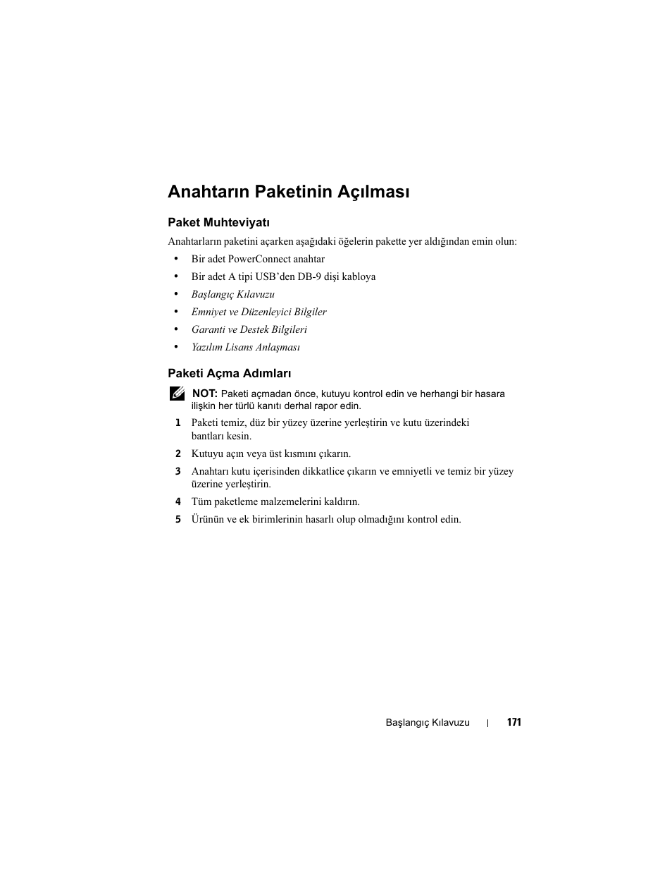 Anahtarın paketinin açılması, Paket muhteviyatı, Paketi açma adımları | Dell POWEREDGE M1000E User Manual | Page 173 / 222