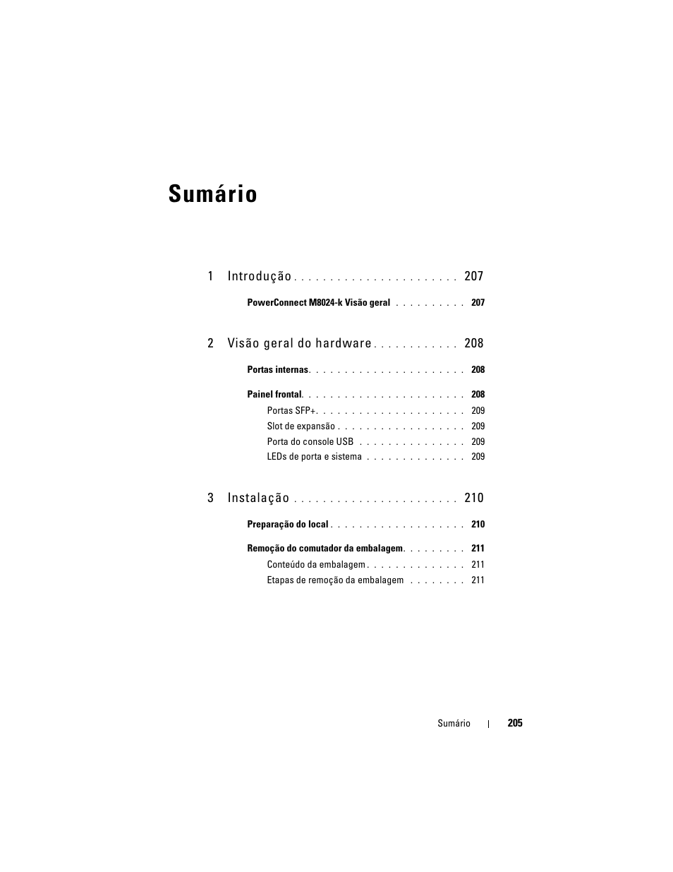 Sumário, 1introdução, 2visão geral do hardware | 3instalação | Dell POWEREDGE M1000E User Manual | Page 207 / 222