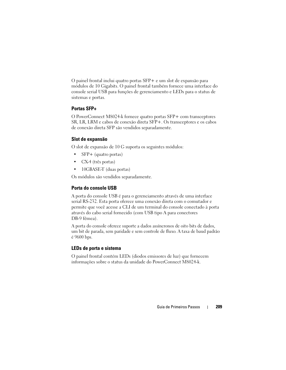 Portas sfp, Slot de expansão, Porta do console usb | Leds de porta e sistema | Dell POWEREDGE M1000E User Manual | Page 211 / 222