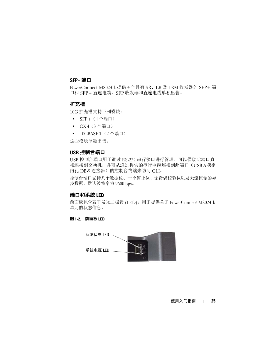 Sfp+ 端口, Usb 控制台端口, 端口和系统 led | Dell POWEREDGE M1000E User Manual | Page 27 / 222