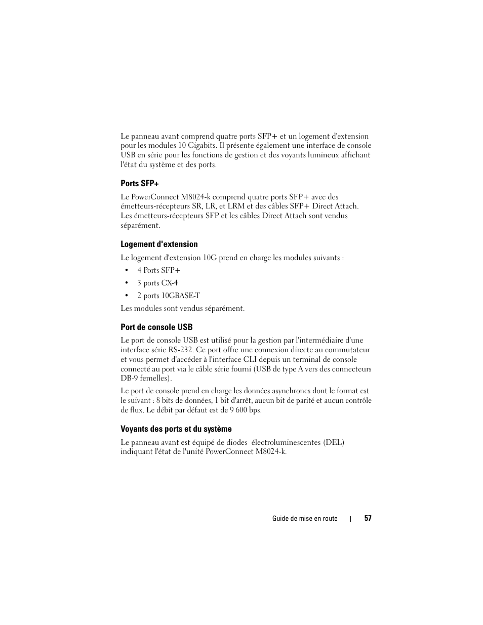 Ports sfp, Logement d'extension, Port de console usb | Voyants des ports et du système | Dell POWEREDGE M1000E User Manual | Page 59 / 222
