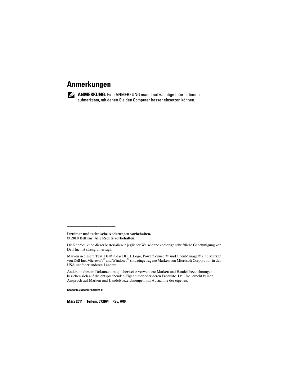 Anmerkungen | Dell POWEREDGE M1000E User Manual | Page 74 / 222