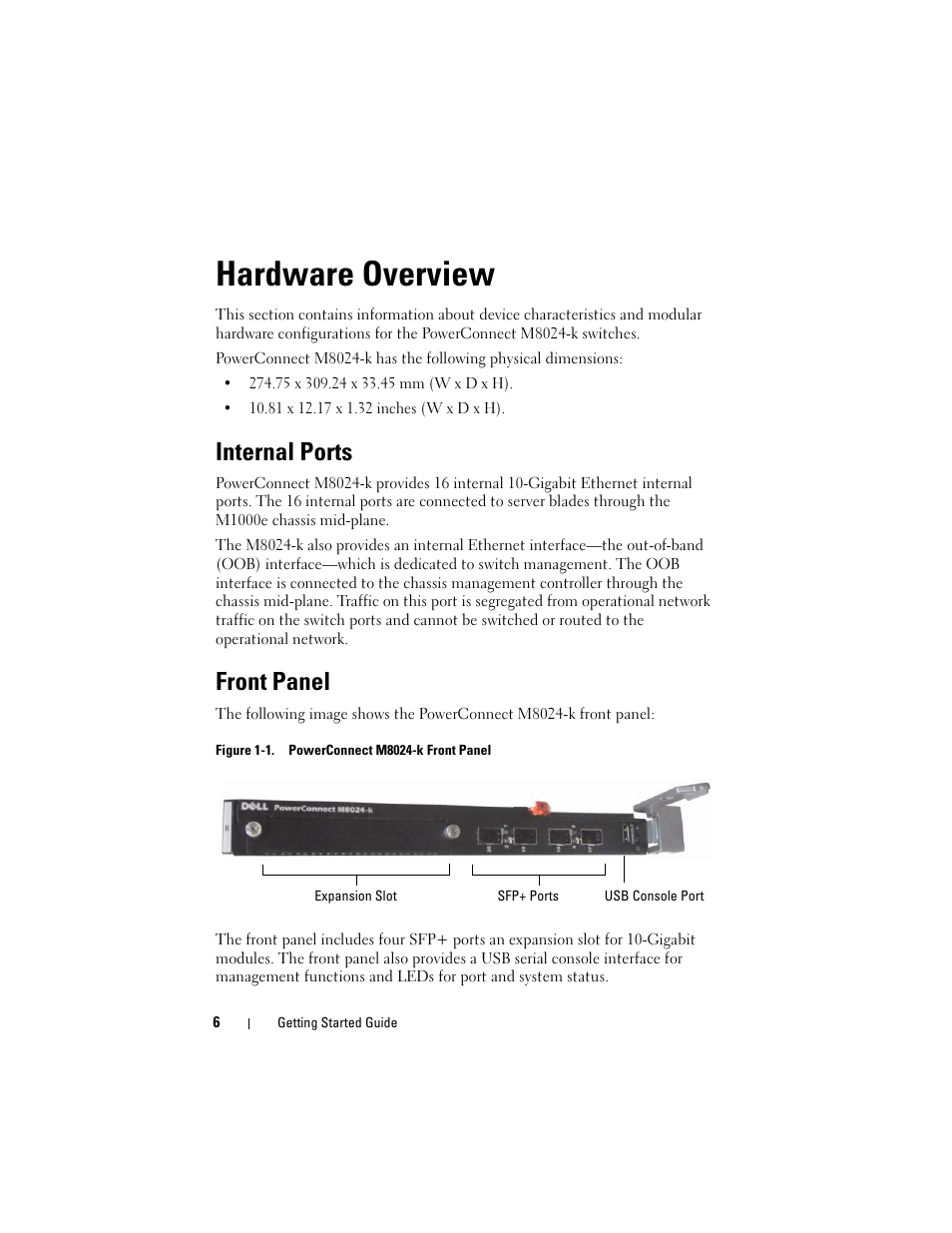 Hardware overview, Internal ports, Front panel | Dell POWEREDGE M1000E User Manual | Page 8 / 222